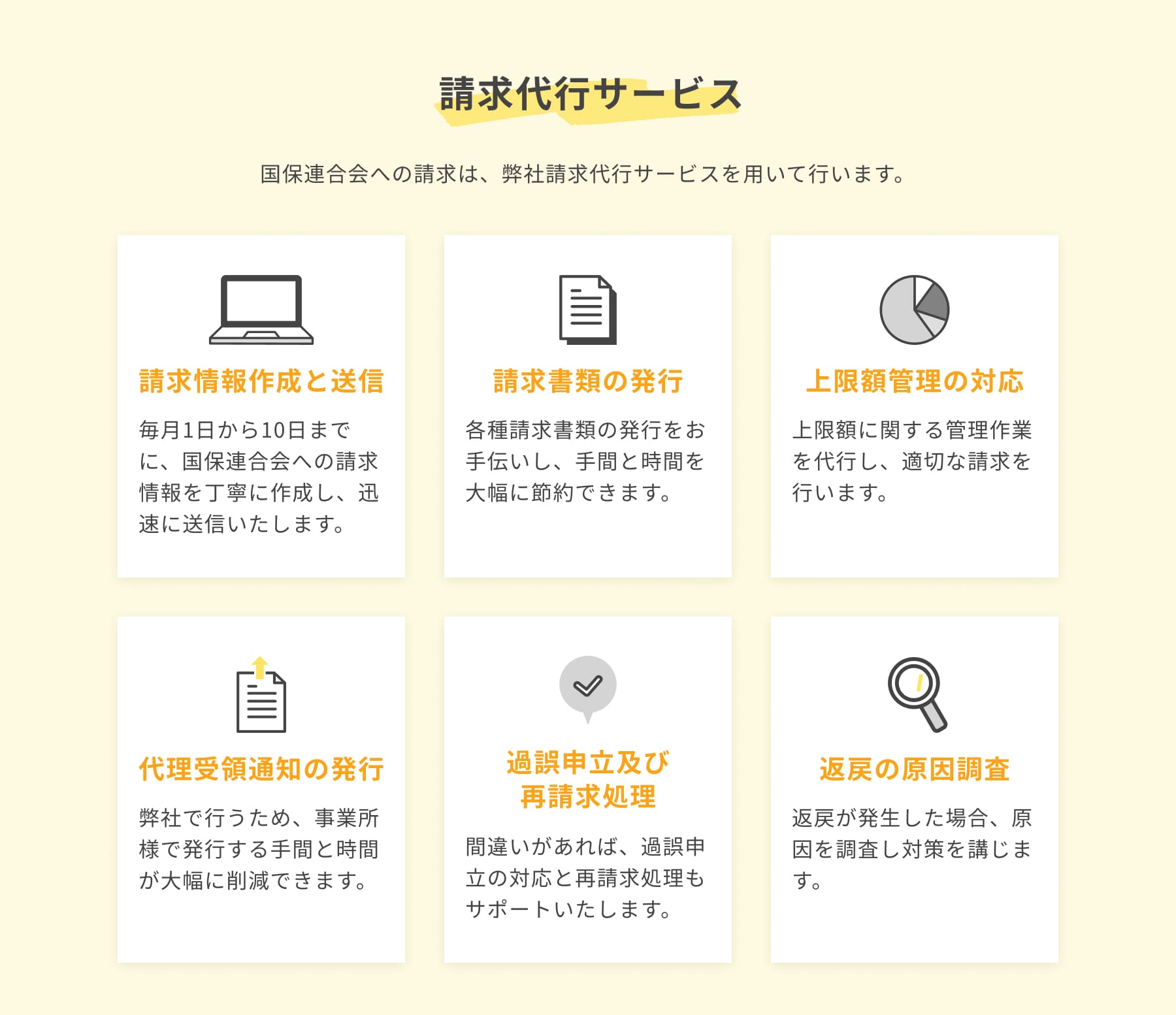 請求代行サービス 国保連合会への請求は、弊社請求代行サービスを用いて行います。