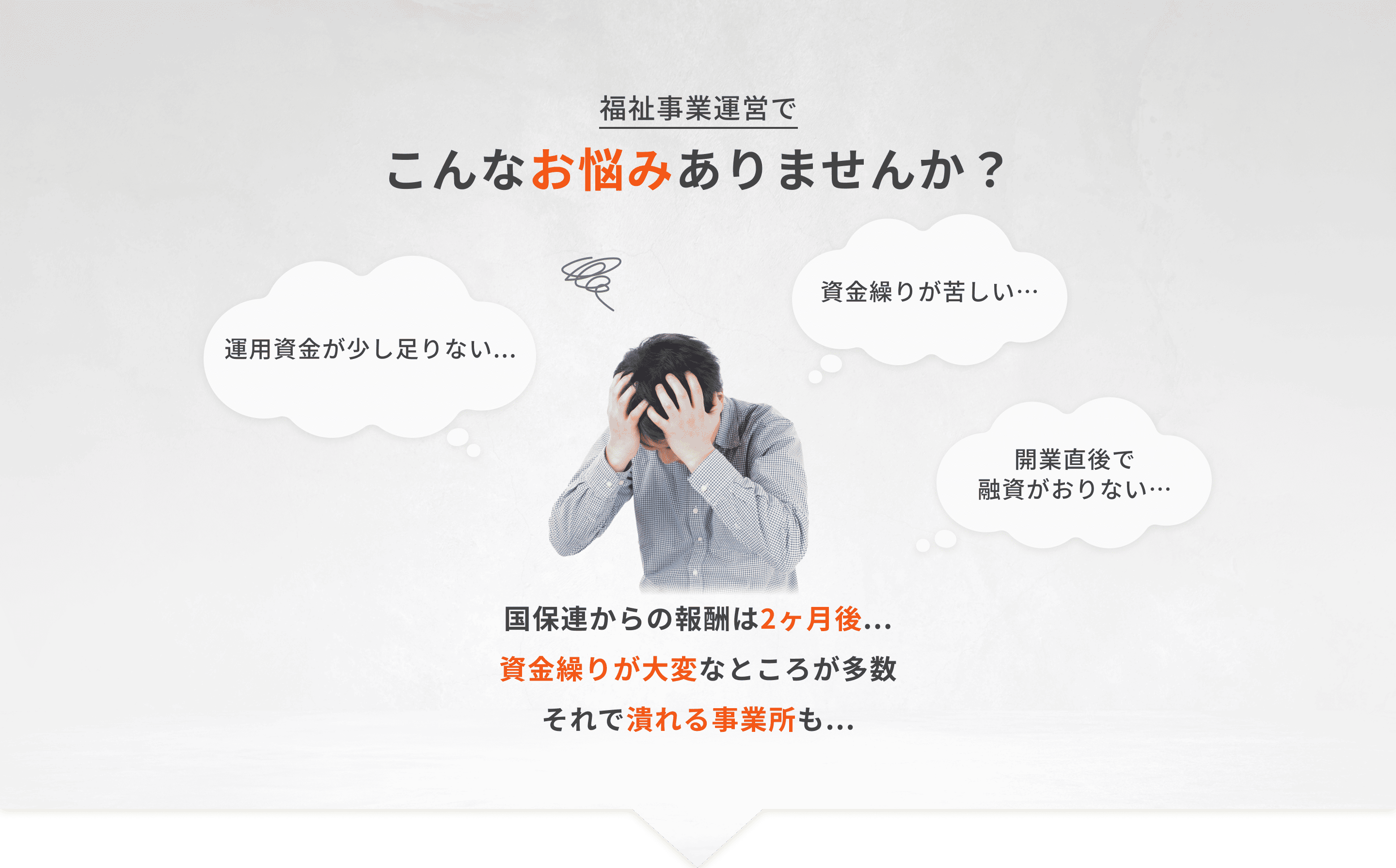 福祉事業運営でこんなお悩みありませんか？国保連からの報酬は2ヶ月後...資金繰りが大変なところが多数 それで潰れる事業所も...